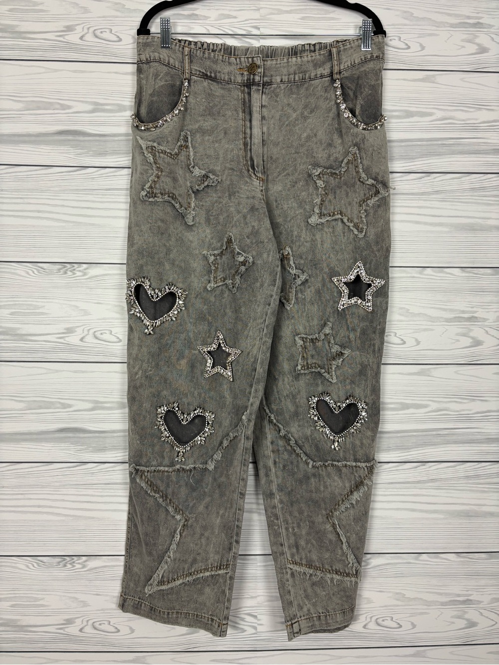 A Rare Bird Star and heart black bling jeans NWT size M/L wide leg boho